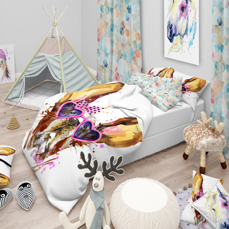 Brown Cute Dog with Heart Glasses - Animal Duvet Cover Set - Microfiber Polyester, Full/Queen Duvet Cover + 2 Shams