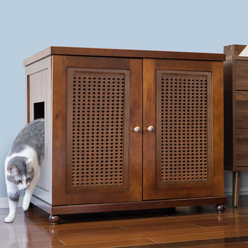 The Refined Litter Box - Wood Cat Litter Box Enclosure Cabinet With Drawer, Cane Style, Round, White, Extra Large
