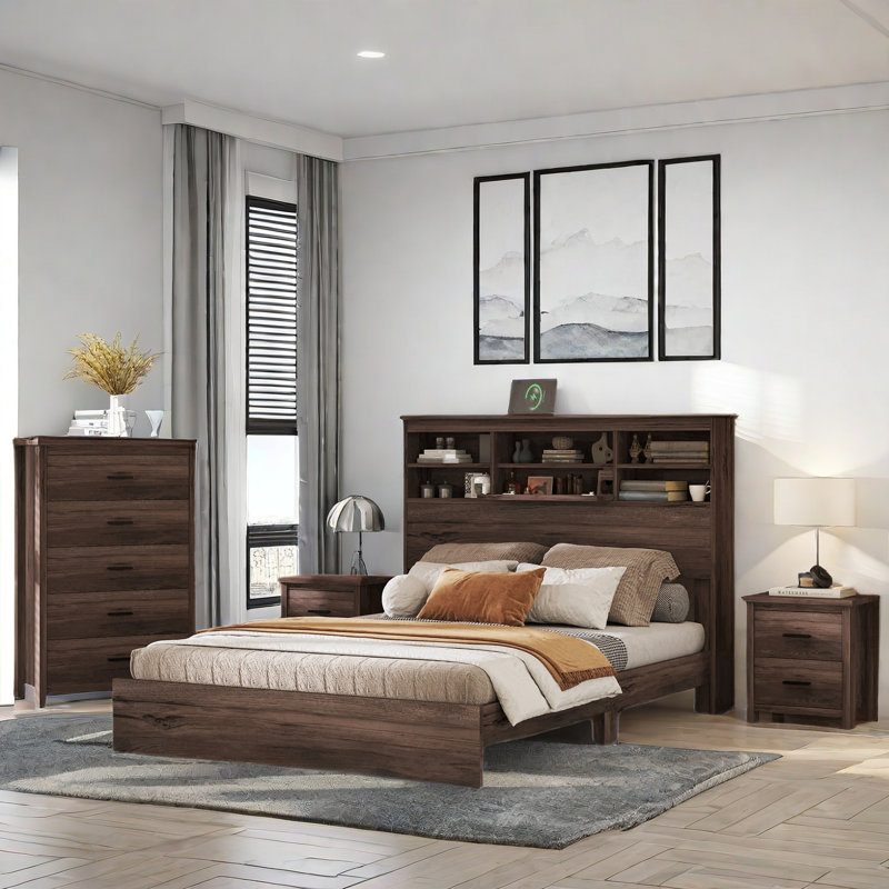 Les ensembles de chambre à coucher Zevyn incluent 1 lit en bois avec tête de rangement, 2 tables de chevet et 1 commode