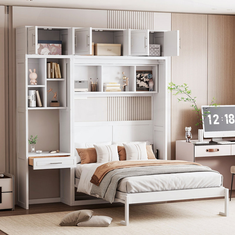 Lit escamotable polyvalent peu encombrant avec rangement et bureau intégrés, Double, Blanc