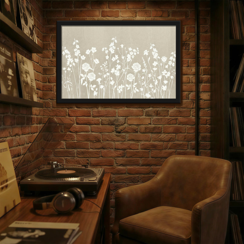 Plantes et fleurs, motif floral blanc sur fond beige, H 12 po x l 18 po