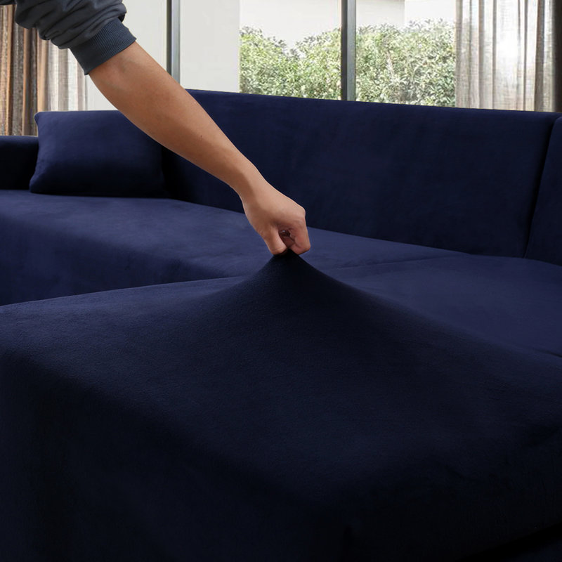 Housse de canapé en L épais en velours - Housse de canapé modulaire avec 2 housses de coussin décoratif, Bleu marine