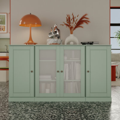 Buffet 100% bois massif 65 po avec portes en verre givré et tablettes réglables