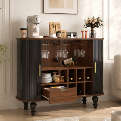 Brenviel Bar Cabinet with Sliding Doors Glass Holders Drawer andSolid Wood Legs