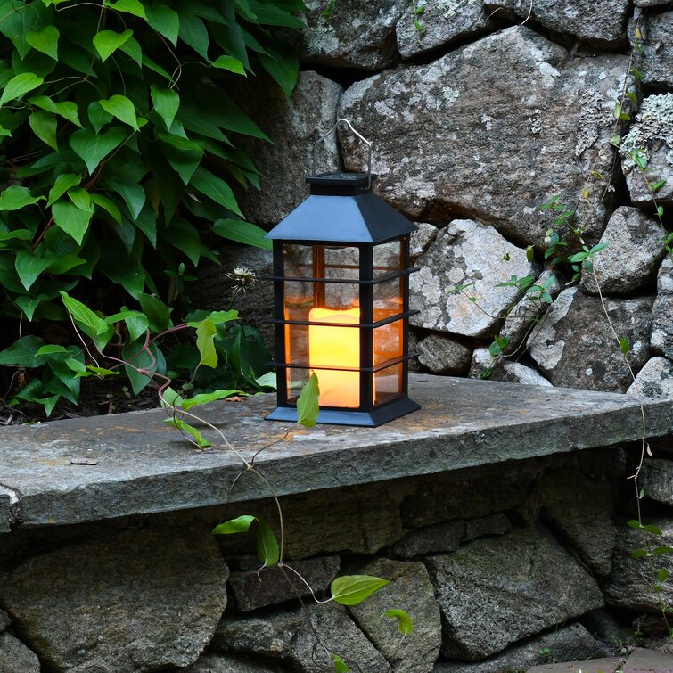 Solar Powered Lantern with LED Candle - Horizontal Black