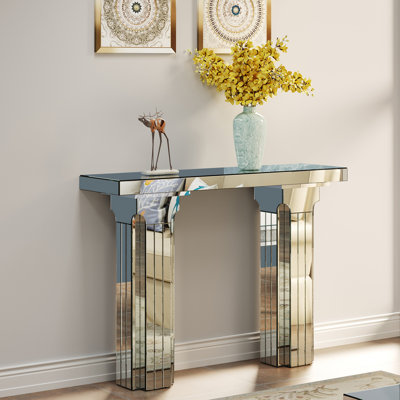 Console à miroir argenté, conception rectangulaire, style moderne, rangement ouvert, idéal pour le salon, facile à assembler