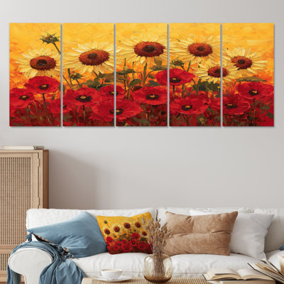 Tournesols dans le champ de coquelicots II - décoration murale tournesols - art mural traditionnel 5 pièces