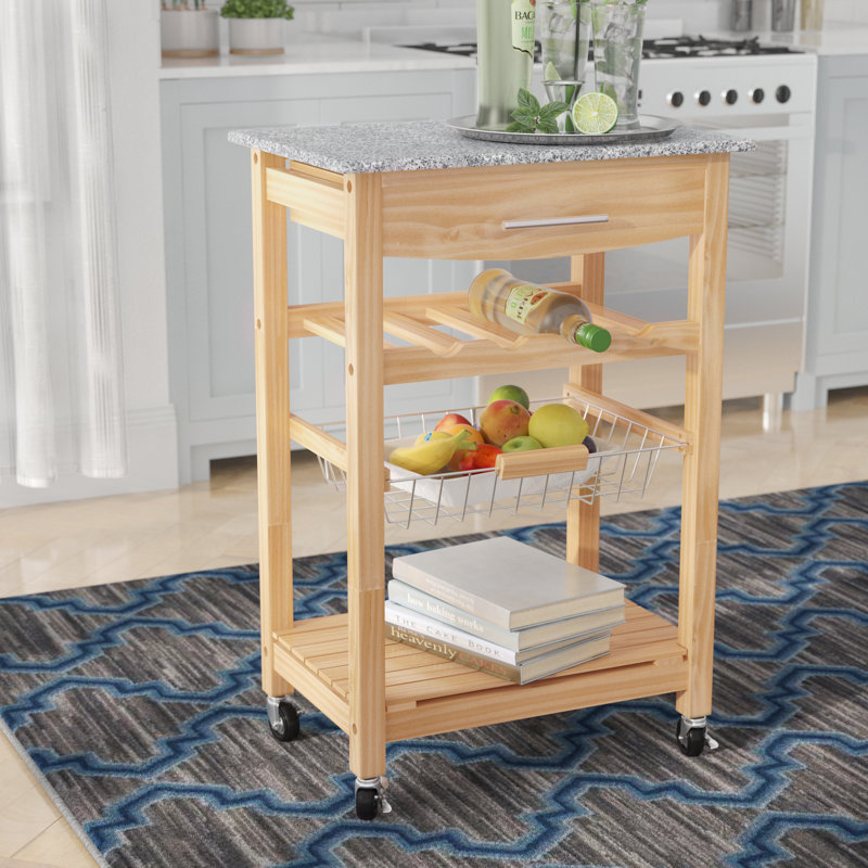 Macy Rolling Granite Kitchen Cart with Utility Drawer & Basket, Granite, Gray