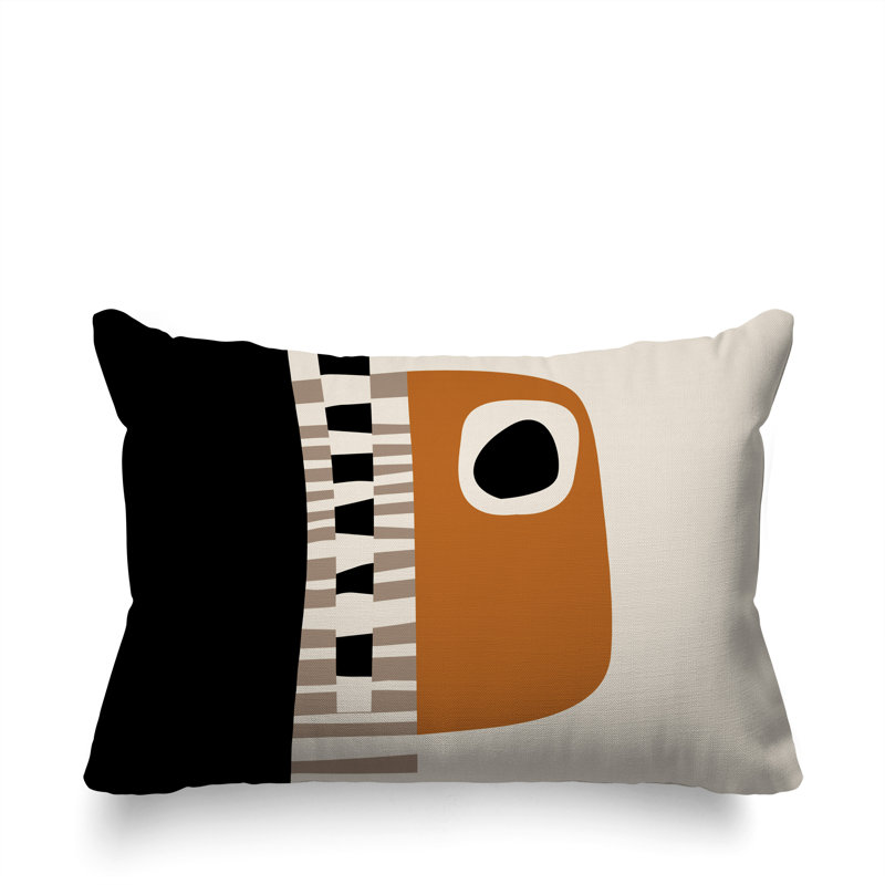 Oreiller rectangulaire réversible intérieur / extérieur Rikka, H 14 po x l 20 po, Orange brûlé / noir / blanc cassé