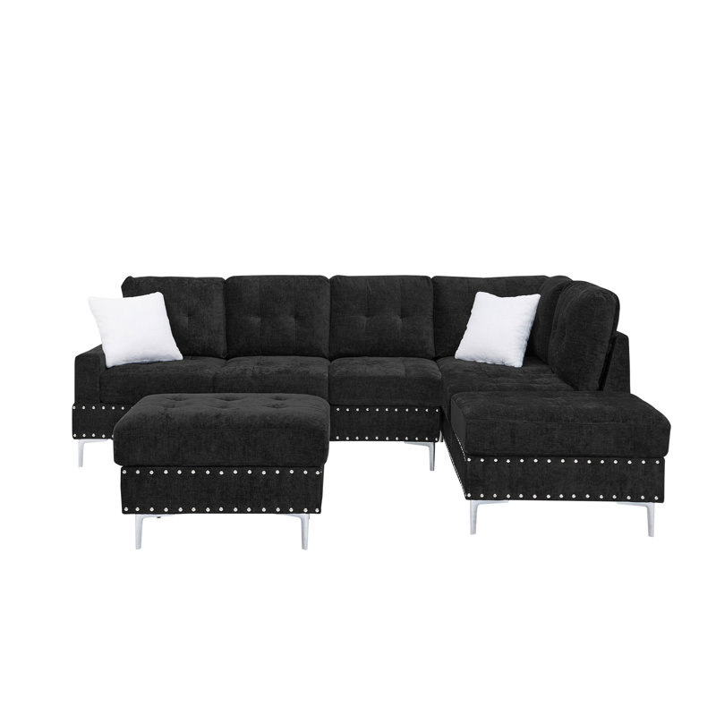 Canapé modulaire 3 places avec méridienne, repose-pieds avec rangement, pieds en métal et clous en cuivre, deux coussins blancs, noir (102 po x 76 po x 35 po)