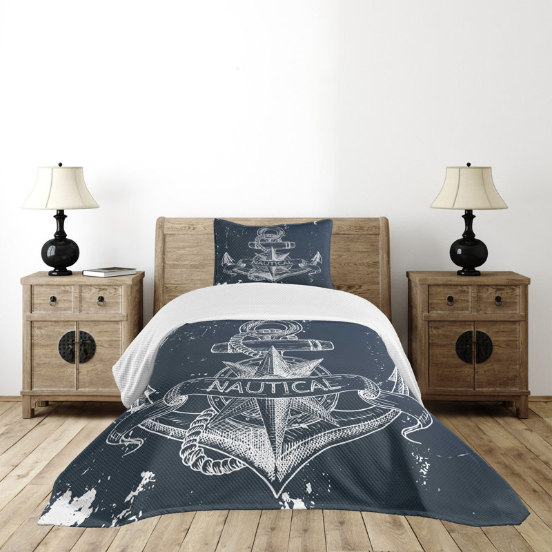 Nautical Twin White and Dark Blue Quilted Bedspread Set