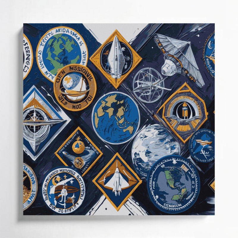 «Space Moon Landing Mission Patchs», art mural sur toile grise, H 8 po x l 8 po