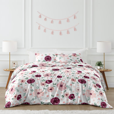 Watercolor Floral Burgundy Wine and Pink Comforter Set by Sweet Jojo Designs