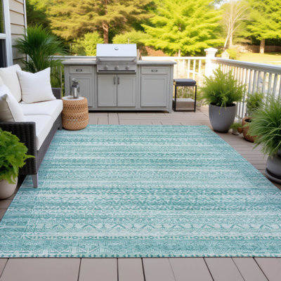 Machine Washable Indoor/Outdoor Xhevrie Aqua Rug
