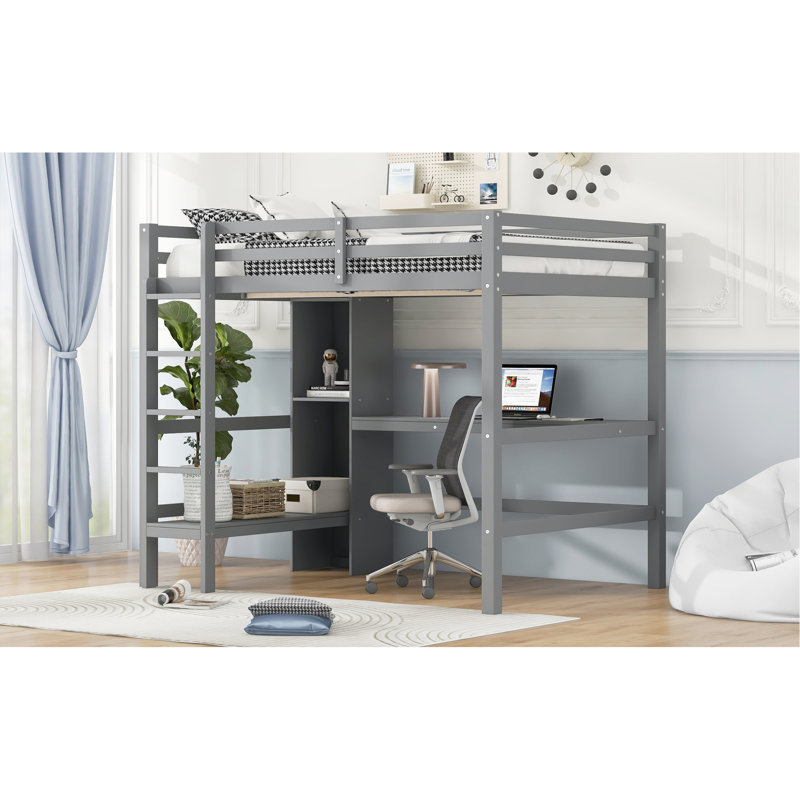 Lit mezzanine double gris avec bureau d'astronomie sous le lit et tablettes multifonctionnelles en forme d'étoile, mélange moderne rustique, lit à lattes, gris, conception en papier Scrapbooking, durabilité à long terme