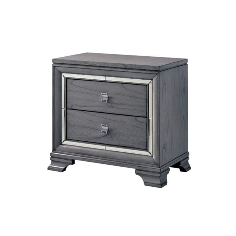 Table de chevet 2 tiroirs en bois avec bordure miroir