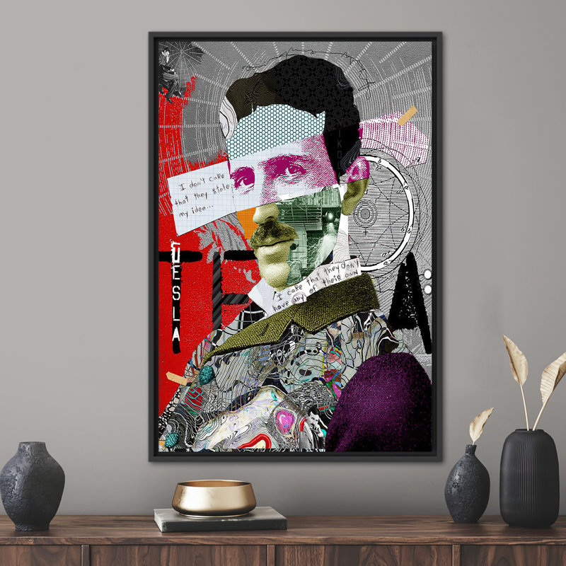 Nikola Tesla, toile de graffiti de Nikla, Cadre flottant noir, H 100 po x l 45 po x P 0,78 po