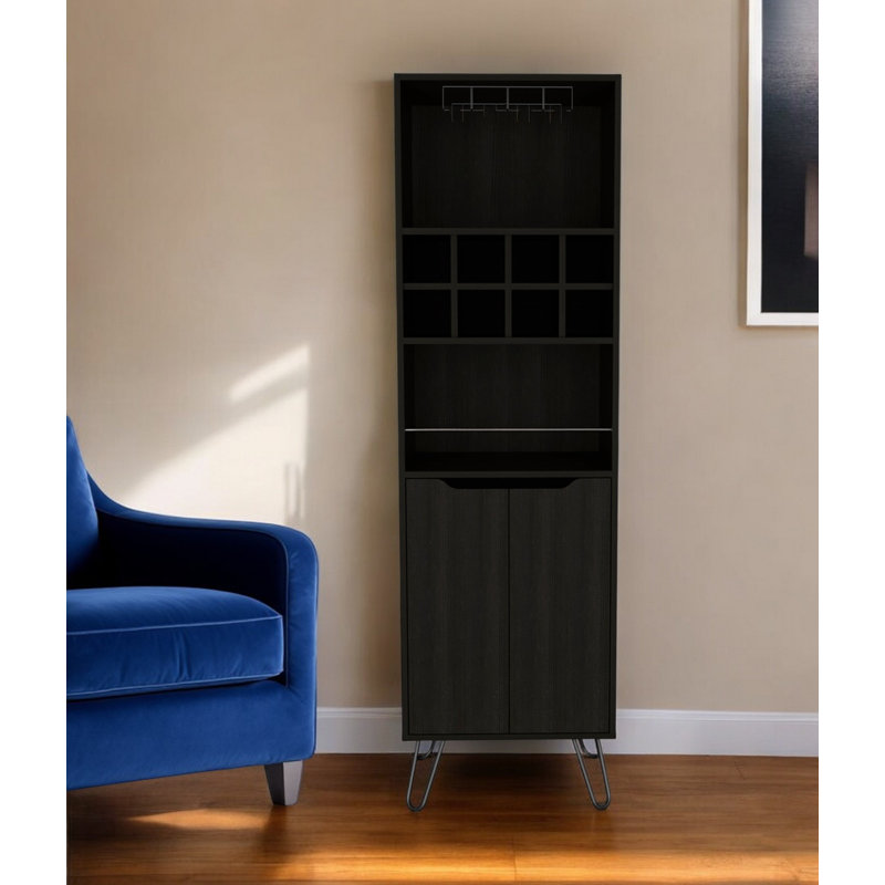 Janon 71" Black Tall Bar Cabinet with Two Door Panels and Top Wine Glass Rack