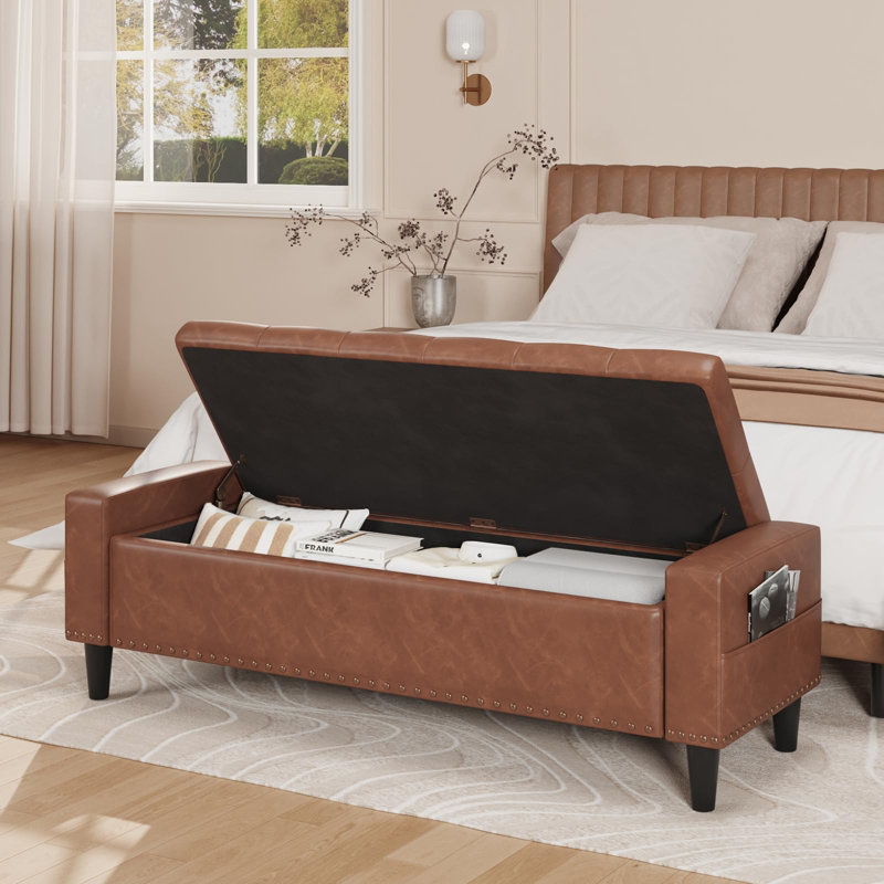 60" Faux Leather Storage Ottoman Bench, Brown