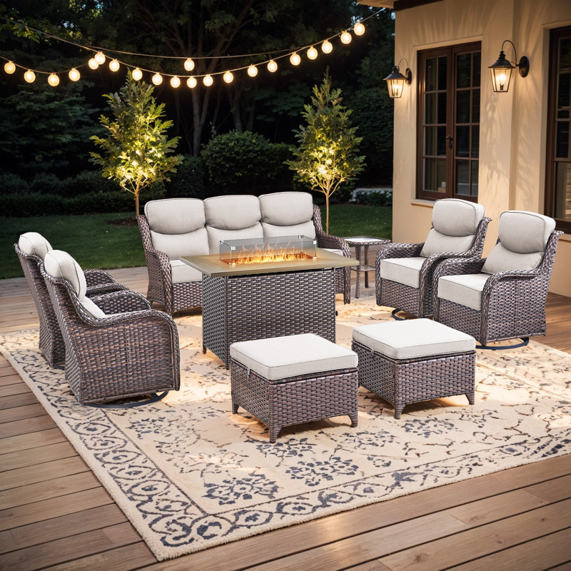 Heritage 9-Piece Outdoor Wicker Patio Conversation Set With Rectangle Fire Pit, 3-Seat Sofa, Ottomans, 4 Swivel Gliders And Side Table