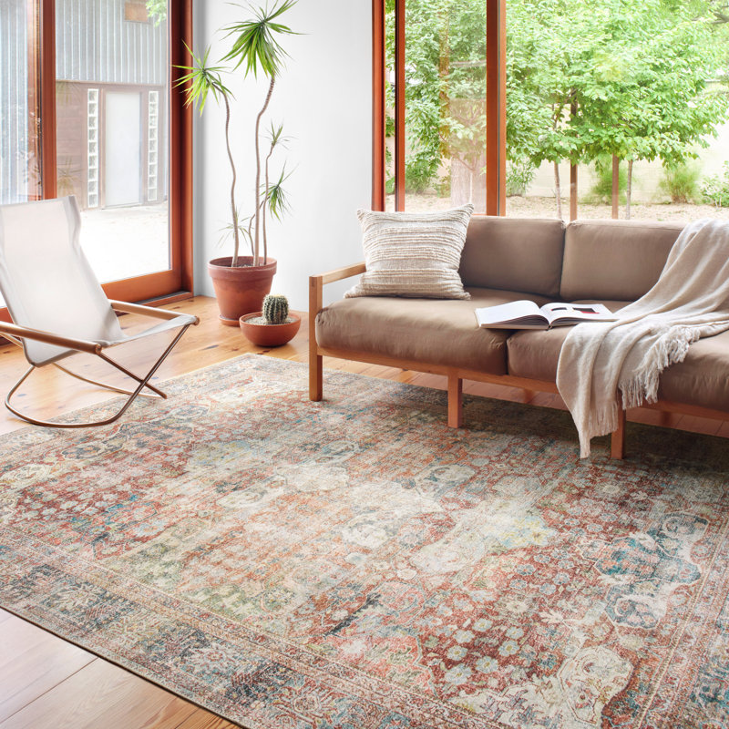 Oriental Terracotta/Blue/Ivory Area Rug, Rectangle 8'4" x 11'6"