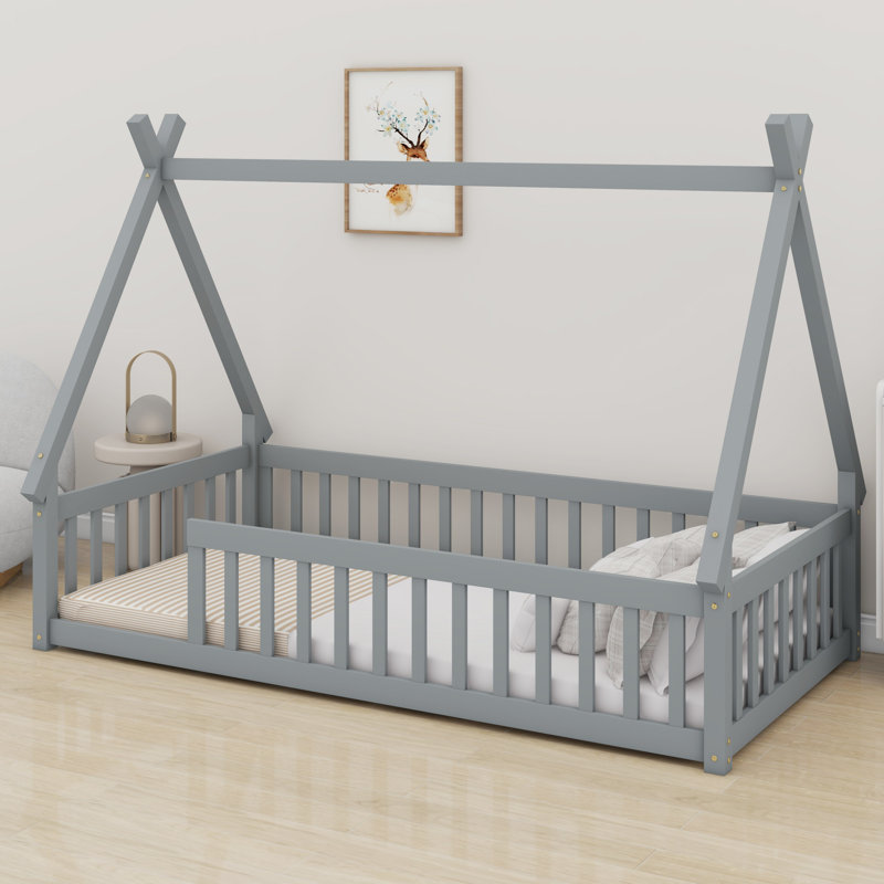 Tent-Shaped Teepee Bed With Safety Rails, Gray