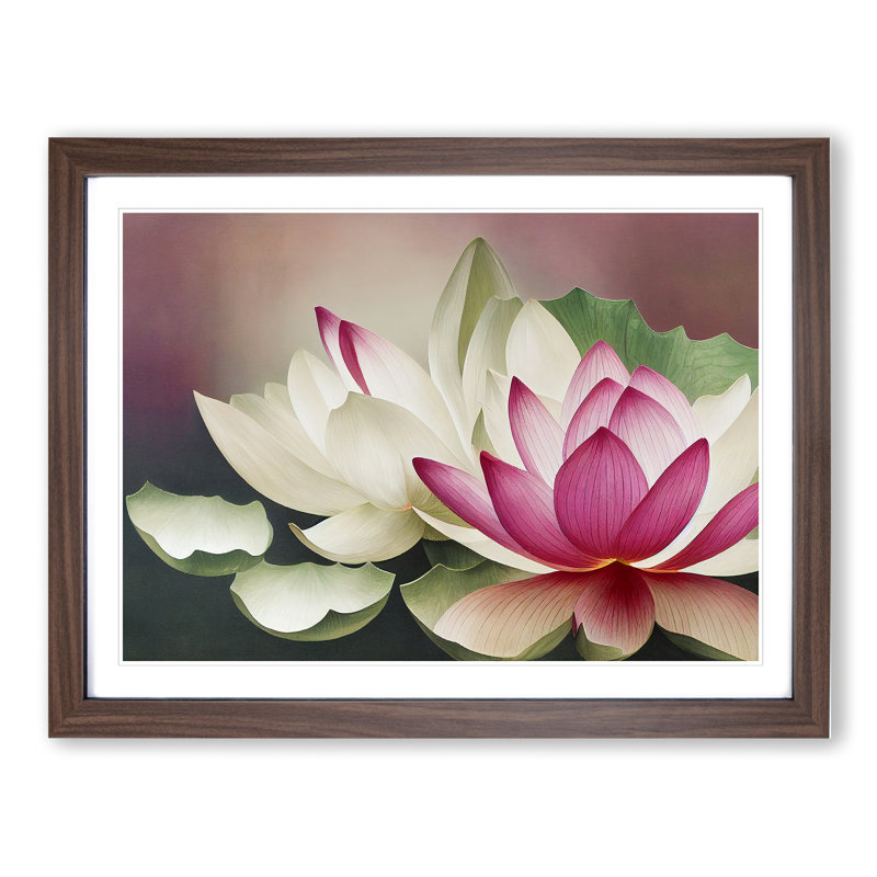 Harmonious Lotus Flowers - Single Picture Frame Print, 25cm H x 34cm W x 2cm D, Walnut