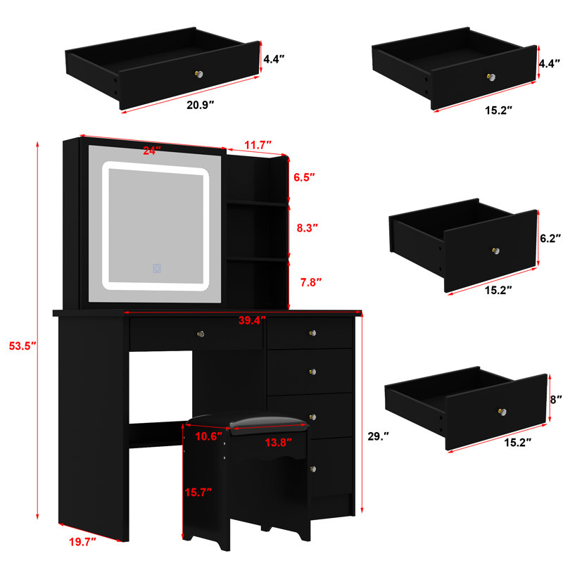 Awilda 39.4'' Wide Makeup Vanity Set with Stool and LED Mirror, Black
