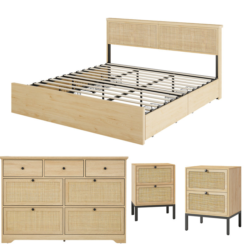 Boho Natural Rattan Bedroom Set, Très grand lit, 4 Pcs: Bed, 2 Nightstands, Dresser