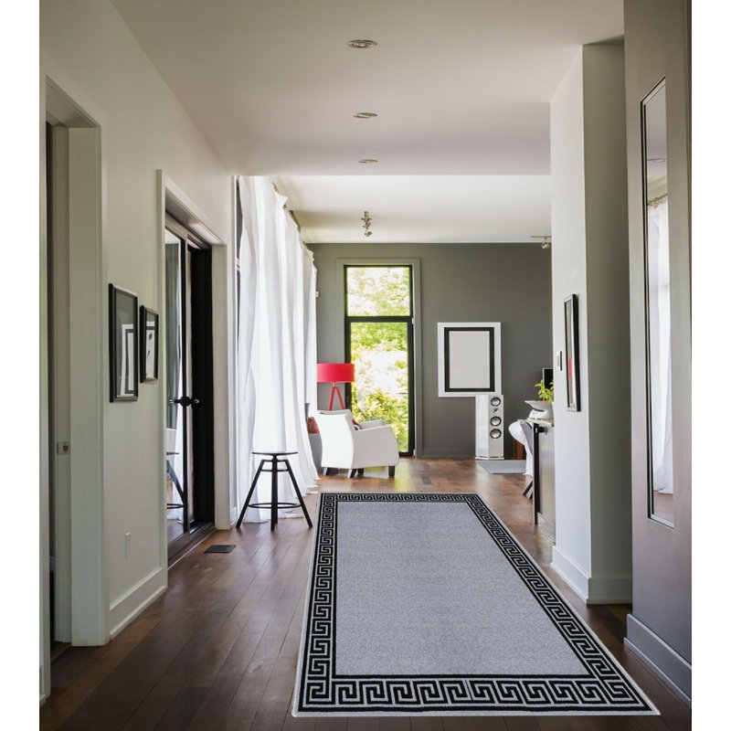 Plain Rug with Greek key Bordered Gel backed Rug Allissia Grey/Black Rug, Rectangle 120 x 170cm