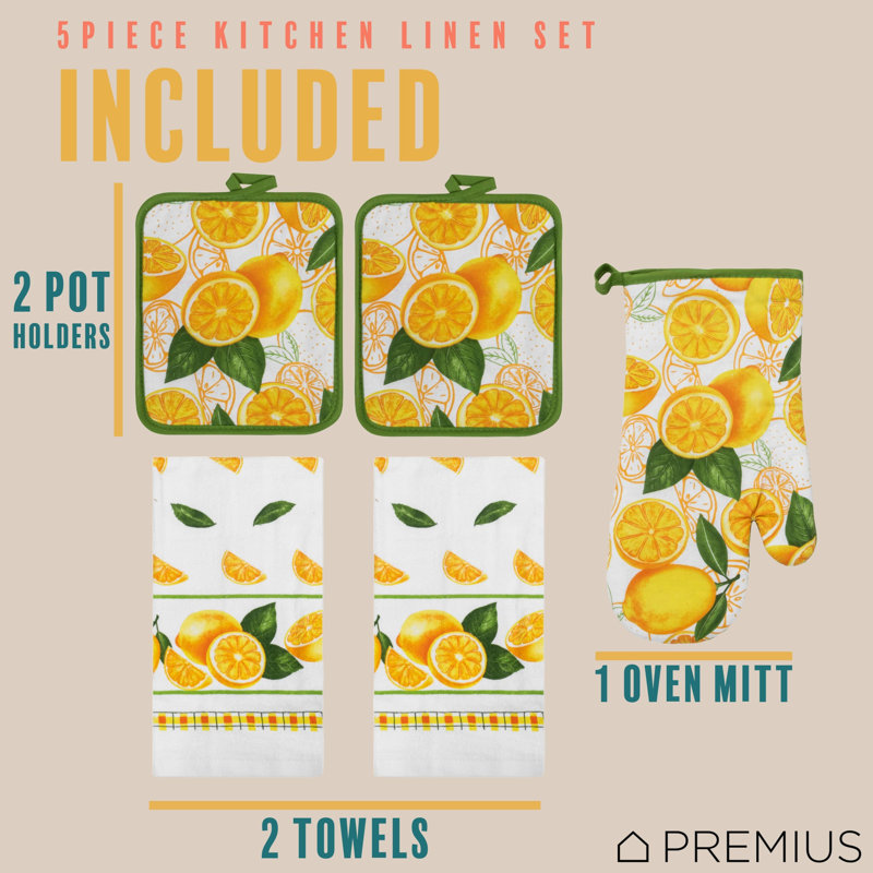 PREMIUS 5 Piece Printed Kitchen Linen Set, Lemon, 2 Cotton Towels, 2 Pot Holders, 1 Oven Mitt