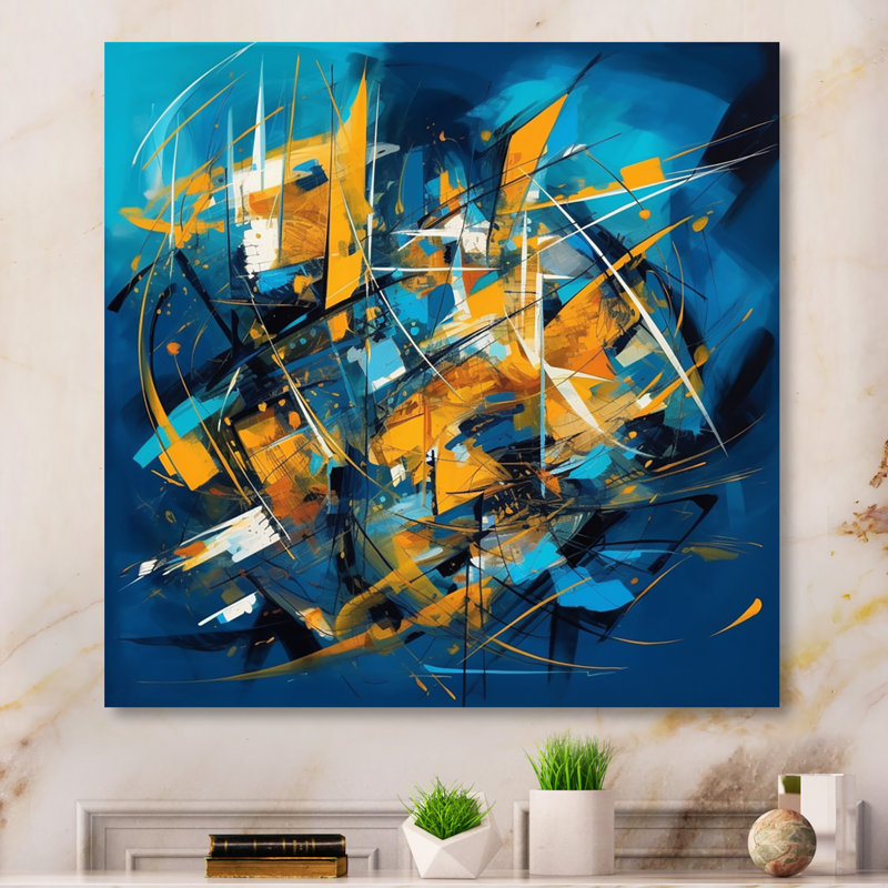 Nitsch bleu et jaune pierre fluide III sur toile, H 16 po x l 16 po, Cadre flottant doré