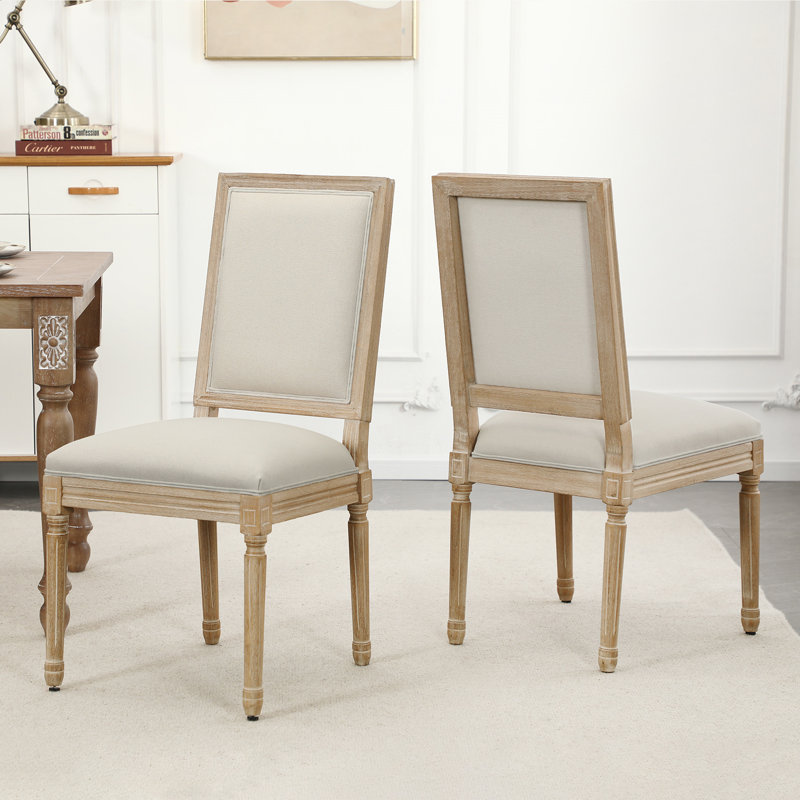 Chaises de salle à manger French Country - Chaises d'appoint rembourrées rectangulaires avec pieds en bois massif, Beige, 2