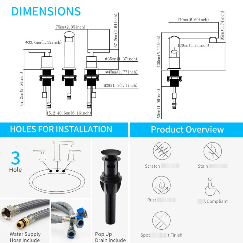 Robinet espacé noir mat de 8 pouces, lavabo pour salle de bain à 2 poignées cascade, ensemble de drain escamotable, robinet de tuyau avec bec, drain de meuble-lavabo à 2 poignées, tuyau d'alimentation,