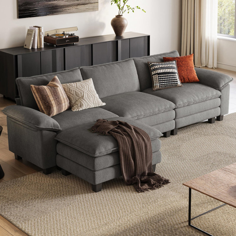 Colbey 123'' Upholstered L-shape Modular Cloud Sectional with Ottoman, Lena Gray Corduroy