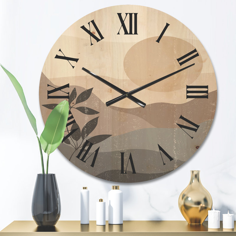 Horloge murale en bois paysage de montagne minimaliste au coucher du soleil, Moyenne