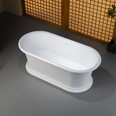 Baignoire de trempage autoportante en résine de pierre 59 po, baignoire ovale douce à surface solide avec base piédestal élégante, trop-plein à fente et drain intégrés, blanc mat