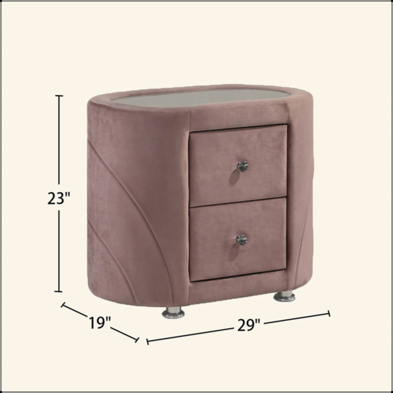 Table de chevet rembourrée en velours avec 2 tiroirs, rose