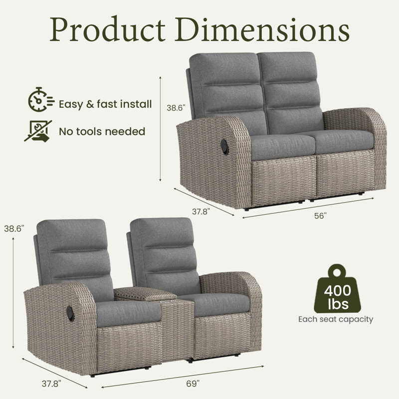 Oversized Wicker Outdoor Reclining Loveseat Sofa Set, 2-seater Recliner Couch With Storage & Cup Holder, Dark Grey, Grey