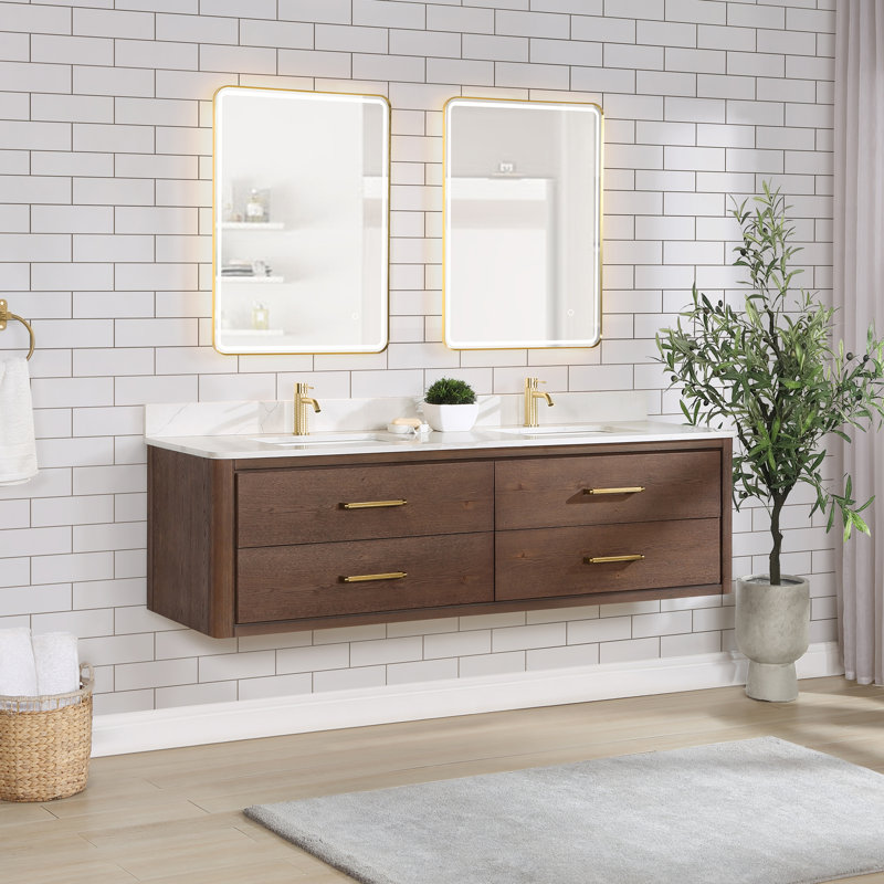 Meuble-lavabo double 72 po avec plateau Cristo, Chêne brun foncé