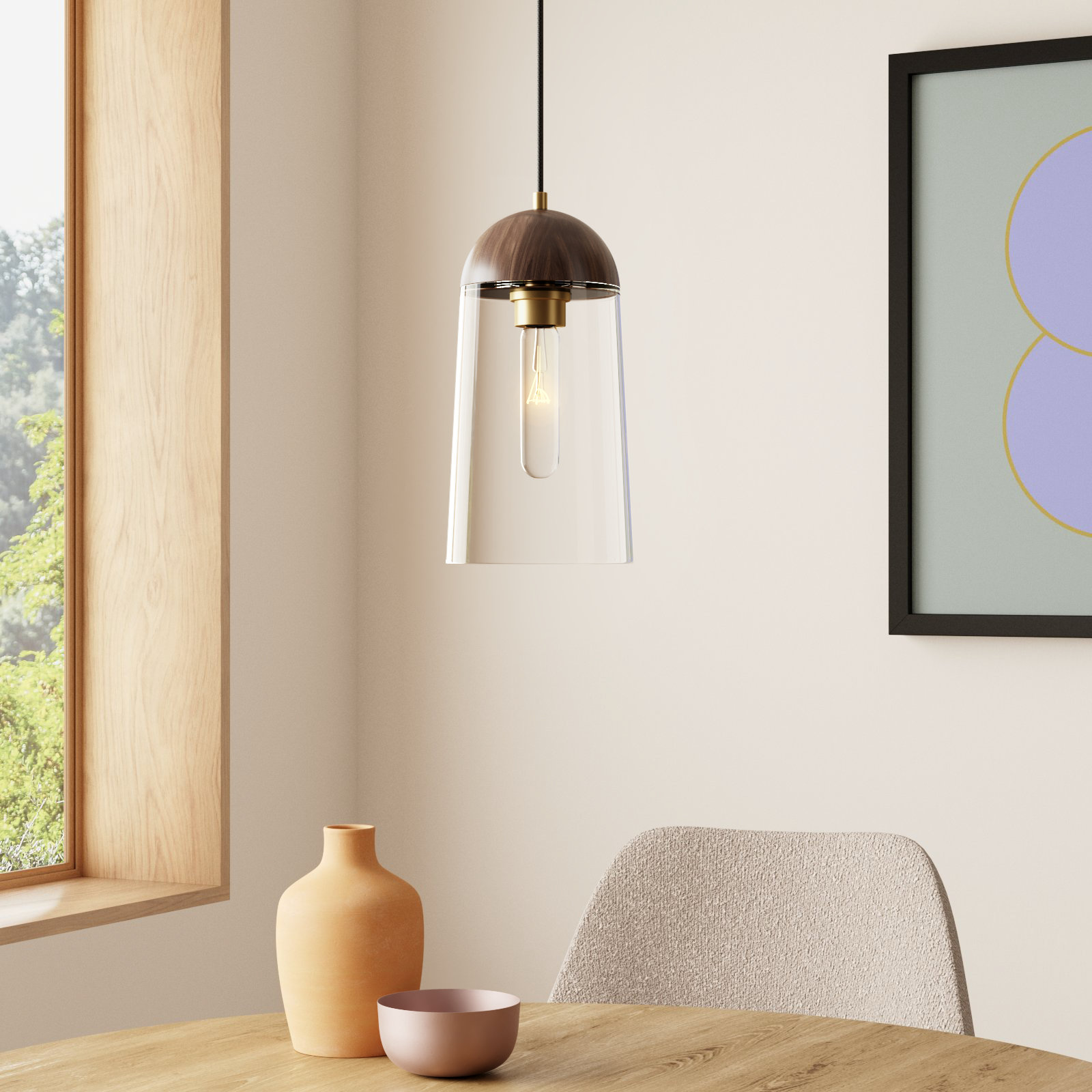 Tabitha Single Light Clear Glass Dimmable Pendant, Aged Gold/Walnut, Walnut