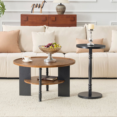 Ensemble de 2 tables basses et tables d'appoint rondes, formation de vide en PVC, table basse de 31,5 po avec rangement et table d'appoint de 15 po, ensemble simple, idéal pour le salon et la chambre à coucher.