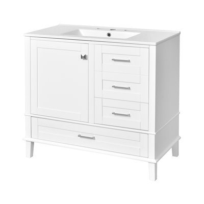 Meuble-lavabo moderne de 36 po avec cadre en pin massif, 1 porte à fermeture douce et 3 tiroirs, armoire de rangement moderne (Même série que WF321698)