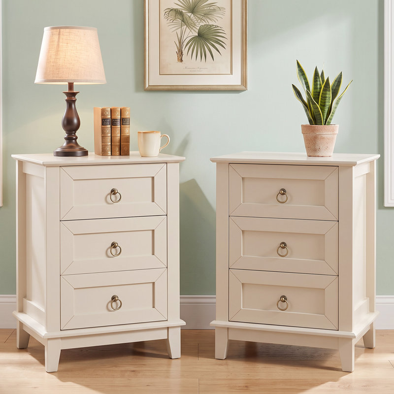 Table de chevet, ensemble de 2 tables d'appoint 3 tiroirs avec poignées anneaux rétro, l 18 po, Beige