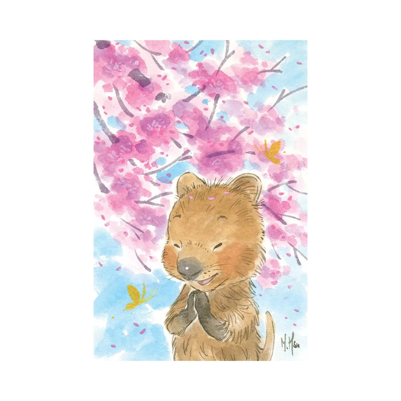 Cherry Blossom Quokka by Martin Hsu - Painting on Canvas, Wrapped Canvas, 20.32 cm H x 30.48 cm W
