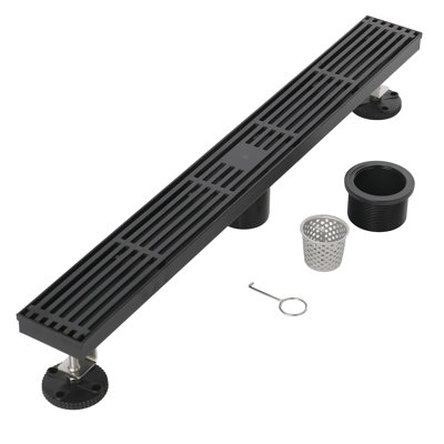 FINE FIXTURES Linear Shower Drain, Slotted Grate Design, 10-Gauge 304 Stainless Steel, Center Outlet, Fast Drainage, Hair Strainer Included