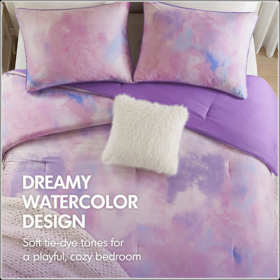 Ensemble de couette 4 pièces pour lit double/queen, motif tie-dye aquarelle, avec oreiller en fausse fourrure, 229 x 229 cm