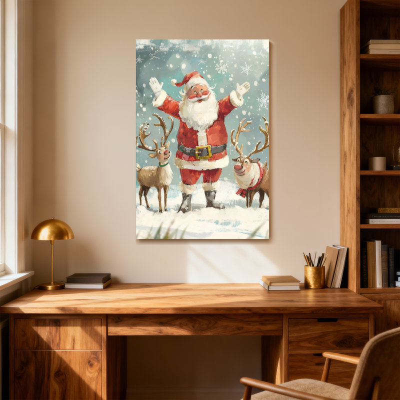 Père Noël avec des rennes dans une scène enneigée, H 18 po x l 12 po