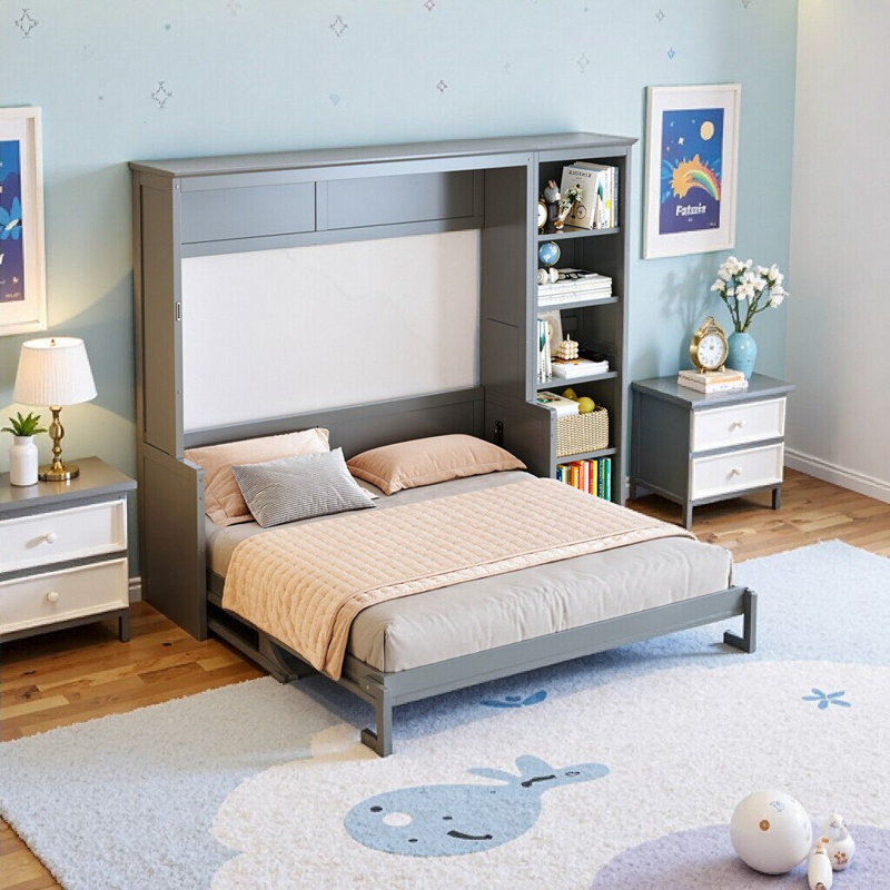 Grand lit escamotable gris avec bibliothèque et bureau intégré | Lit mural peu encombrant | Aucun sommier tapissier requis