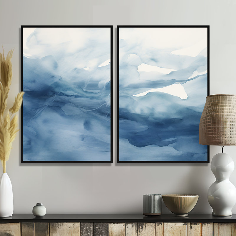 «Blue and White Dancing Watercolor Clouds», peinture abstraite surdimensionnée, art mural, Noir, H 36 po x l 48 po